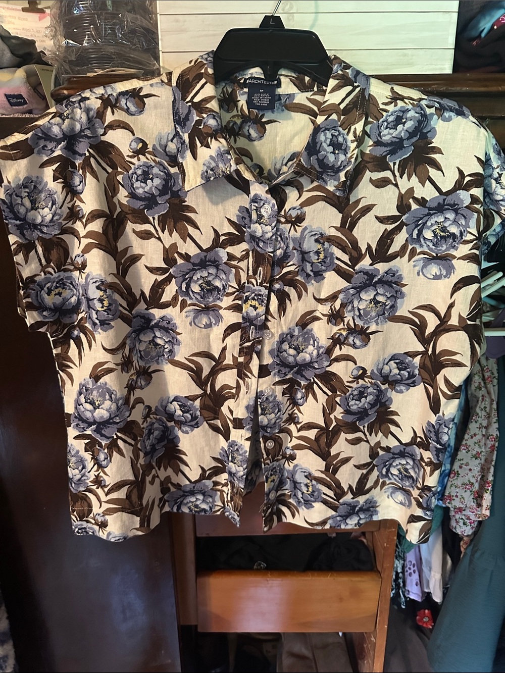 Floral Button-Up linen Shirt with Blue Roses